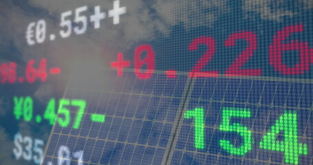 Image of financial data processing over solar panel