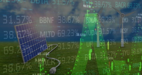 Image of financial data processing over wind turbines and solar panel