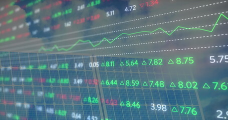 Image of financial data processing over solar panel