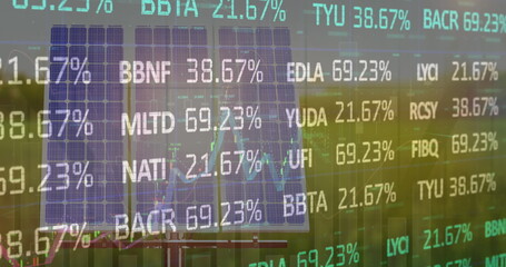 Image of financial data processing over solar panel