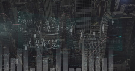 Image of financial data processing and mathematical equations over cityscape