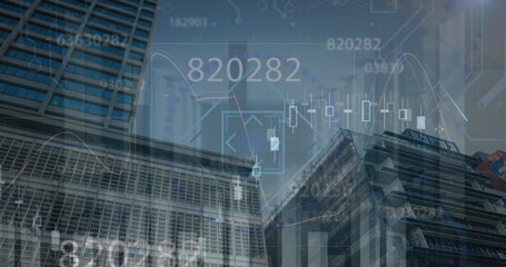 Image of financial data processing and scope scanning over cityscape