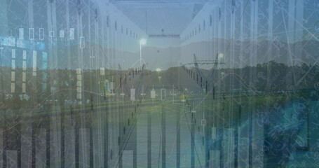 Image of financial data processing and server room over cityscape