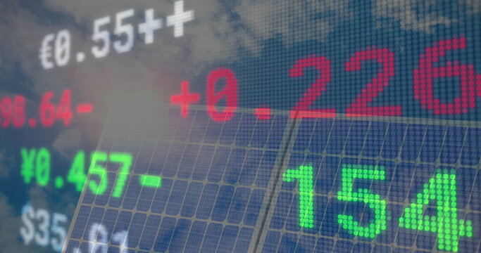 Image of financial data processing over solar panel