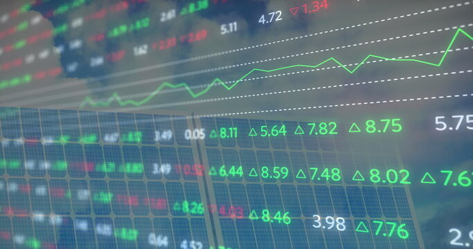Image of financial data processing over solar panel