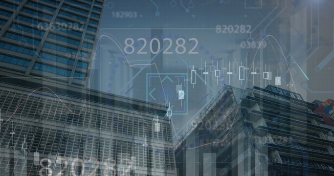 Image of financial data processing and scope scanning over cityscape