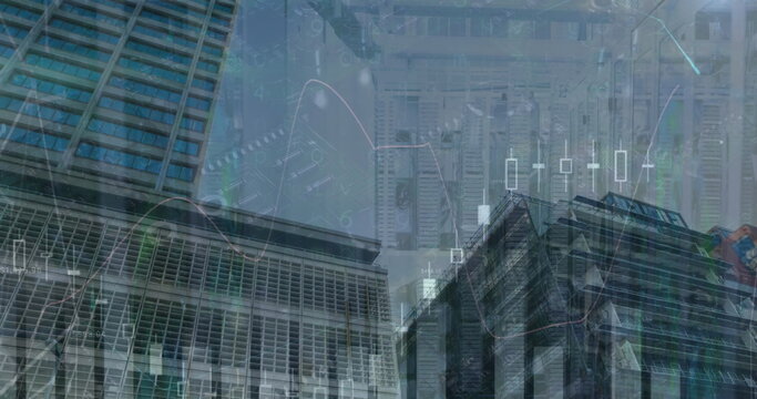 Image of financial data processing over cityscape - Powered by Adobe