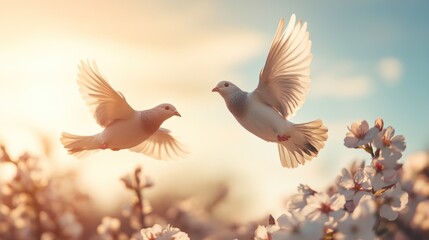 Obraz premium Two doves soar among blossoming spring trees.