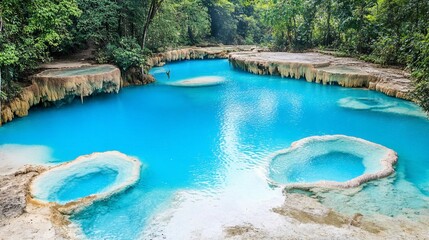 Azure pools in a lush, tropical landscape.  Crystal-clear turquoise water nestled within natural rock formations. Lush greenery surrounds the tranquil scene