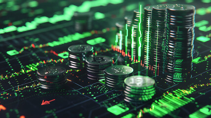 Growing money, finance and investment. Coins stack the growth comparison year 2024 to 2025 with a green success graph in 2025. business growth, profit,