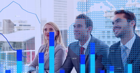 Image of data processing over diverse business people shaking hands