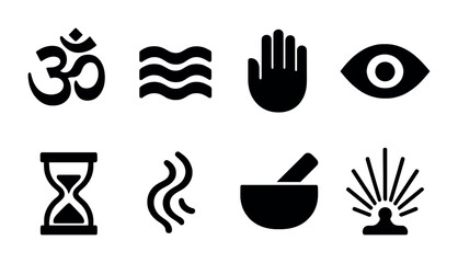 Spiritual and meditation silhouette icons set – filled style mindfulness, wellness, and yoga symbols for holistic practices: om symbol, water waves, hand, eye, hourglass, incense, singing bowl,