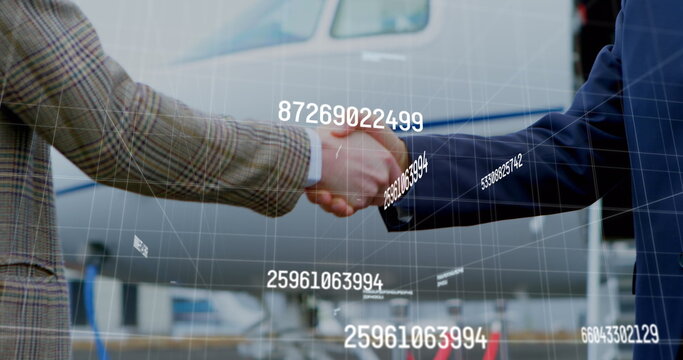 Image of data processing over diverse business people shaking hands - Powered by Adobe