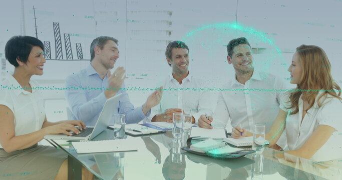 Image of data processing over diverse business people shaking hands