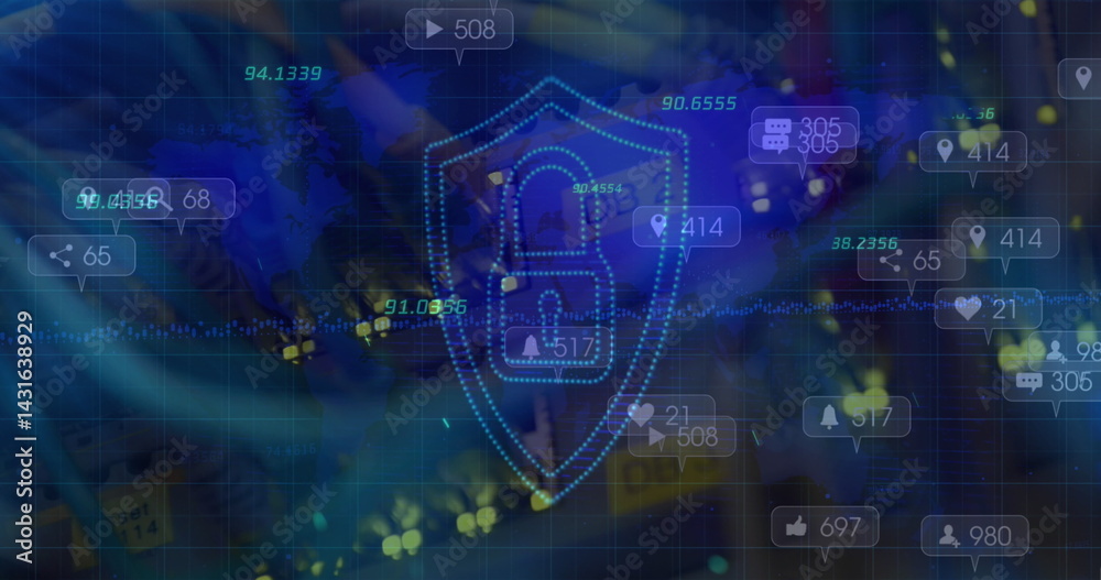 Poster multiple numbers over security shield and padlock icon against close up of a computer server