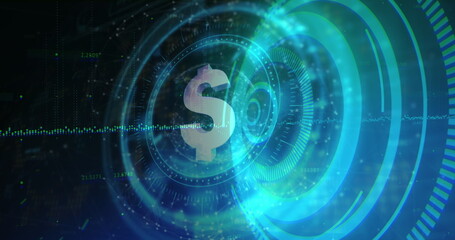 Dollar symbol spinning over neon blue round scanner against black background