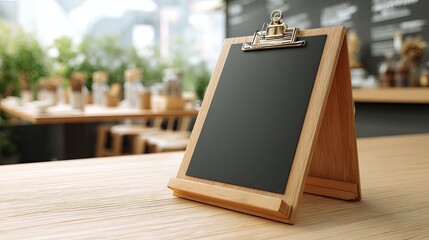 Black cafe menu board side view 3D rendering on wood Isolated panel for checklist or bar notes