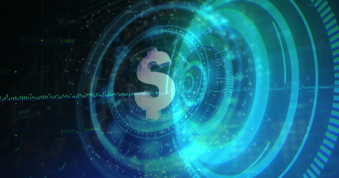 Dollar symbol spinning over neon blue round scanner against black background - Powered by Adobe