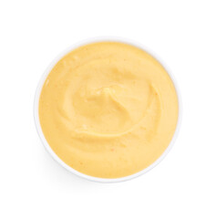 Tasty cheese dipping sauce in bowl isolated on white, top view