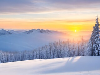 Fototapeta premium A serene winter sunset paints the snow-covered mountain peaks and frosted evergreen forest in breathtaking hues of gold and rose, casting long shadows across the pristine snow.