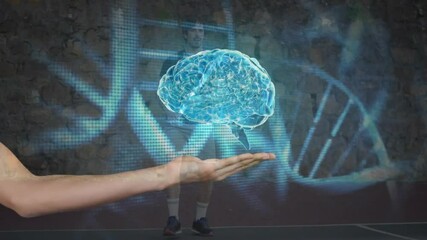 Male tennis player swinging racket indoors projecting blue holographic brain overlay for technology - Powered by Adobe