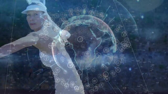 woman gazing over shoulder in tech space, displaying holographic Earth globe with network nodes