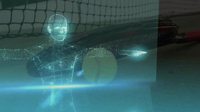 Glowing turquoise wireframe hologram hovering in T-pose over blurred racket ball net with flares