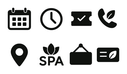 Wellness and relaxation solid icons set – flat style spa, massage, and health symbols for self-care: calendar, clock, ticket, phone, location, spa, sign, card.