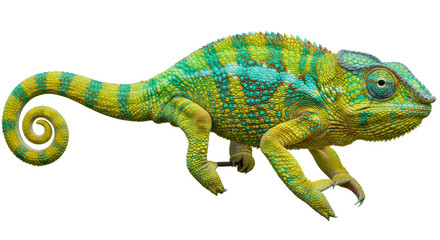 Vibrant chameleon with curled tail against a stark black backdrop