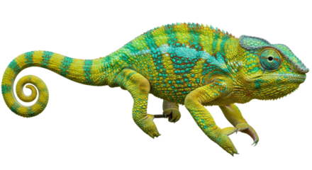 Vibrant chameleon with curled tail against a stark black backdrop