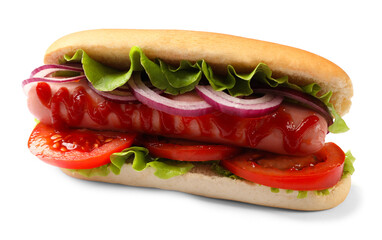 Tasty hot dog with tomato, onion, lettuce and ketchup on white background