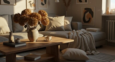 Cozy Living Room with Flowers, Sofa, Coffee Table, and Decor.