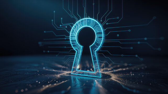 Digital Lock: A neon keyhole glows in the center of a circuit board, symbolizing cybersecurity and data protection in the digital age. It creates a feeling of security, trust, and innovation. - Powered by Adobe