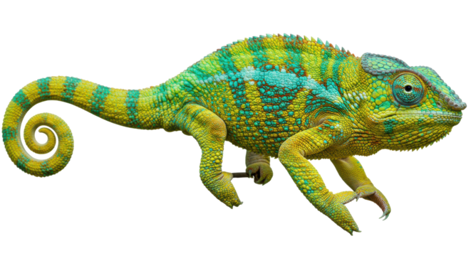 Vibrant chameleon with curled tail against a stark black backdrop