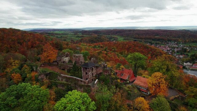 Aerial view ruins of old castle. Ruin of Hohnstein Castle, Harz mountains, Germany.