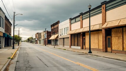 Empty main street with boarded-up storefronts under cloudy sky. Urban landscape and real estate concept