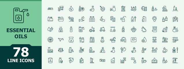 Essential Oils line icon set. Included herb, oil, drop and more. Natural Oils icon set. Minimal icons collection. Editable stroke. Vector illustration.