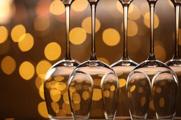 Many clean glasses against blurred lights, closeup. Bokeh effect