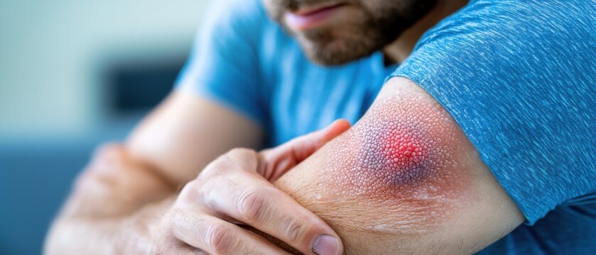 Close-up view of a severe and open cutaneous leishmaniasis ulcer on the human arm, showing the raw, inflamed and discolored skin texture.