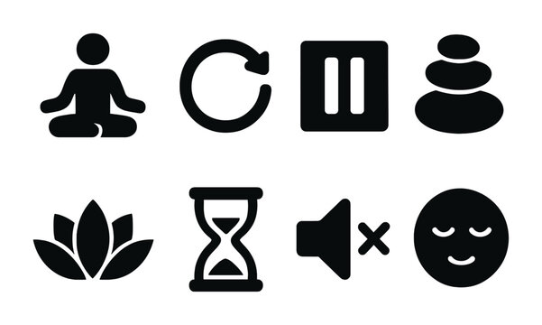 Mindfulness and relaxation solid icons set – filled style meditation, wellness, and tranquility symbols for stress relief: lotus, meditation, rocks, pause, hourglass, silence.