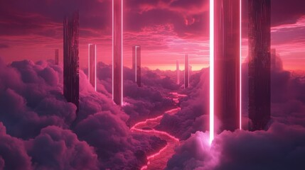 Surreal landscape with glowing pillars and river flowing through clouds, set against a pink sky. Concept of fantasy, dreamscape, and otherworldly scenery.