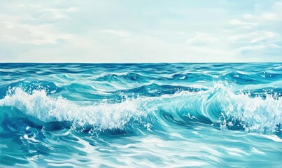 Obraz premium Ocean Waves under Sky: Capturing the serene beauty of the ocean, the image reveals gentle waves rolling toward the horizon under a serene sky, portraying the natural power and tranquil energy.