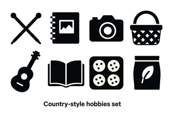 Country-style hobbies icon set – solid silhouette design for leisure and crafts enthusiasts: knitting needles, photo album, camera, basket, guitar, book, buttons, tea package.
