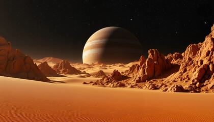 Desert planet landscape with rocky formations and starry sky, cosmic beauty