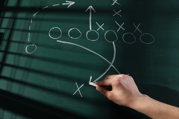 Man drawing American football game scheme on chalkboard, closeup