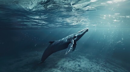 Naklejka premium The picture of the blue whale is swimming in the ocean with the bright light of the sun, blue whale is the largest mammal animal known to have ever existed, both in terms of length and weight. AIG51.