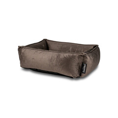 A soft and cozy pet bed with a multicolored patchwork design, featuring a green interior cushion, is shown isolated on a transparent background in png format