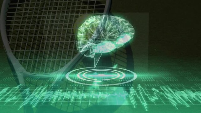 Holographic brain animating above circular interface featuring tennis racket leaning and data grid