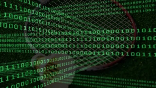 Badminton racket and shuttlecock lying on grass surface while binary code streaming over elements