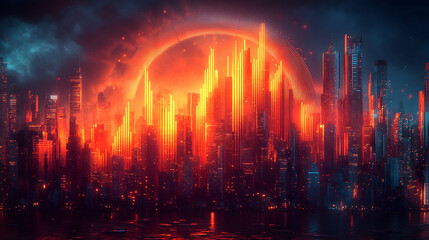 Obraz premium Futuristic city skyline at night illuminated in vibrant orange and red hues with a large glowing circular arch overhea